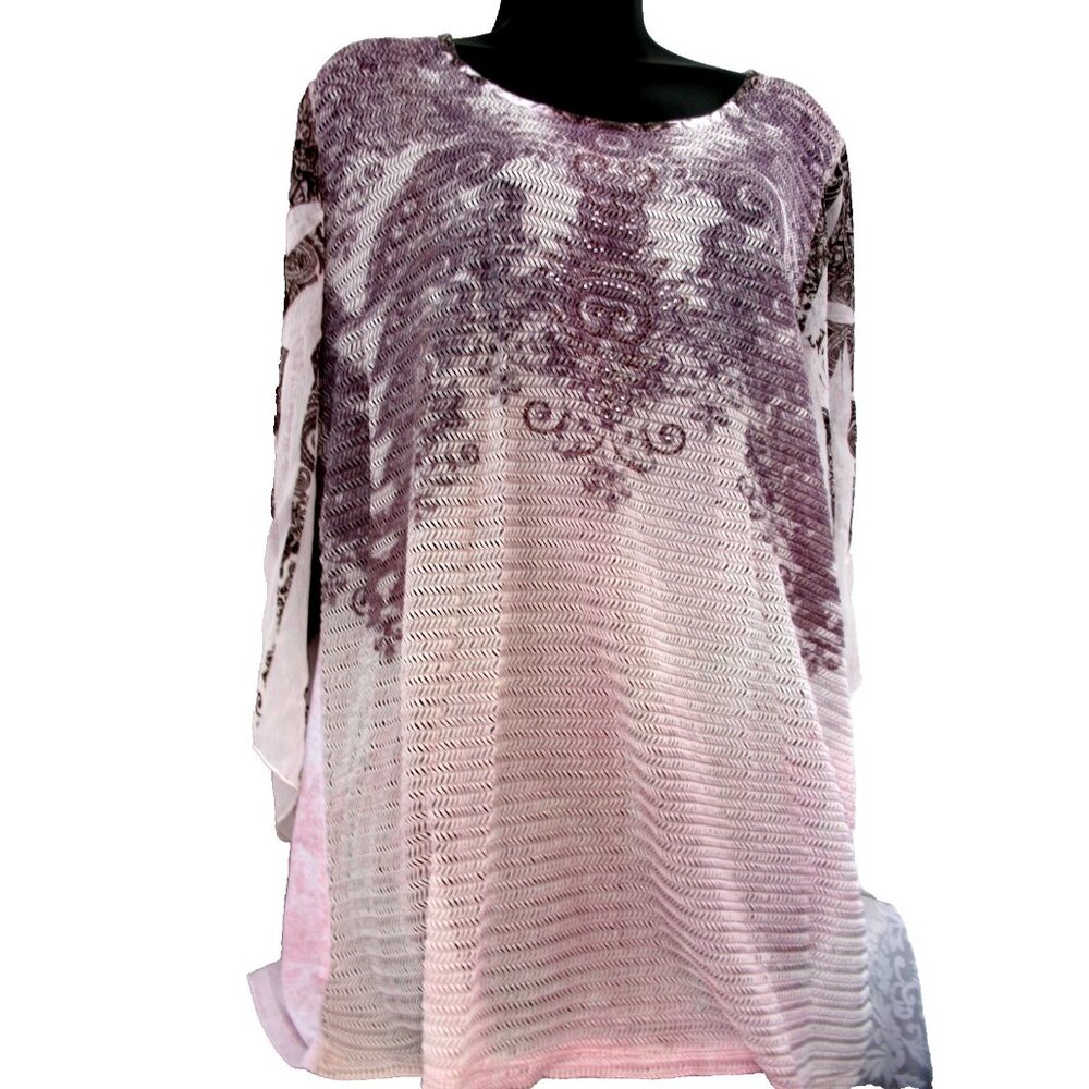 CAL STYLE Ribbed w Sheer Sleeves,Tunic Top, Beaded, size 2X, ck measurements